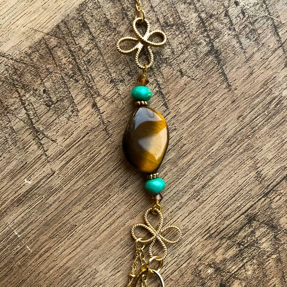 Layered Necklace Tigers Eye Healing Stone, Gold Floral Detail, Boho Wedding - Picture 3 of 5